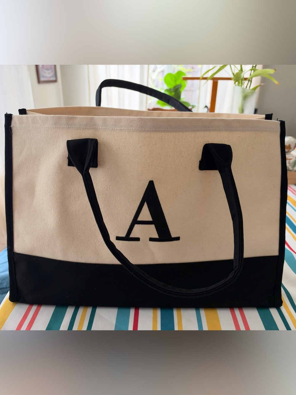 Monogram Canvas Tote Bag with Black Trim - Initial A